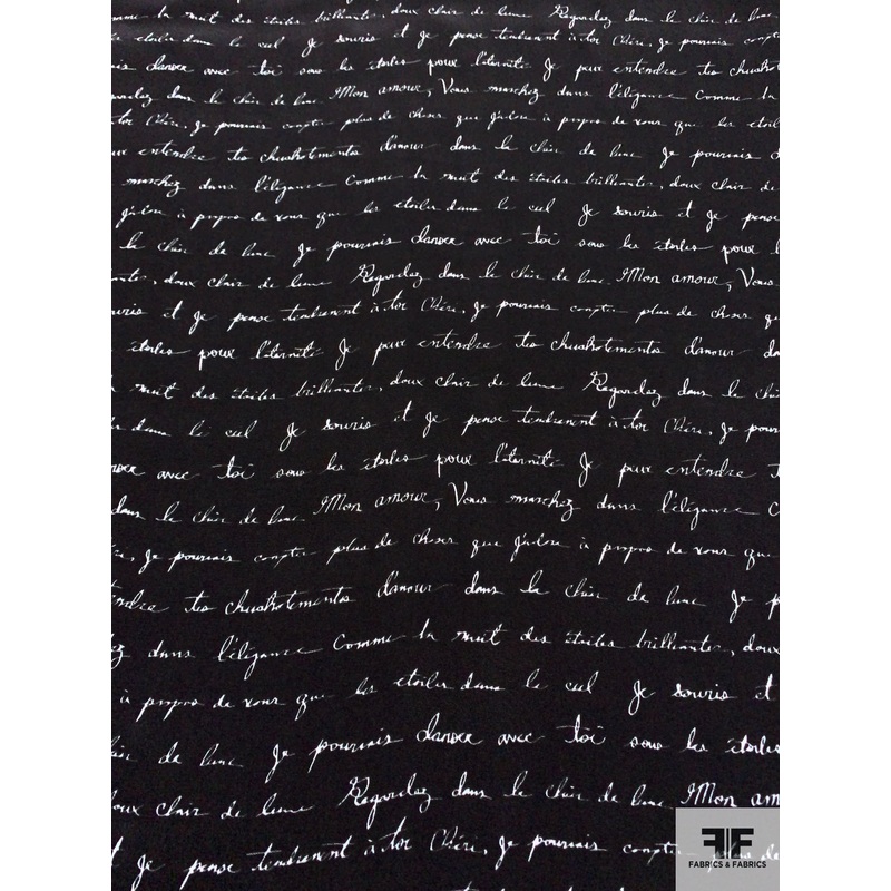 Love Letters in French Printed Silk Crepe de Chine – Black / White Fabric by the Yard