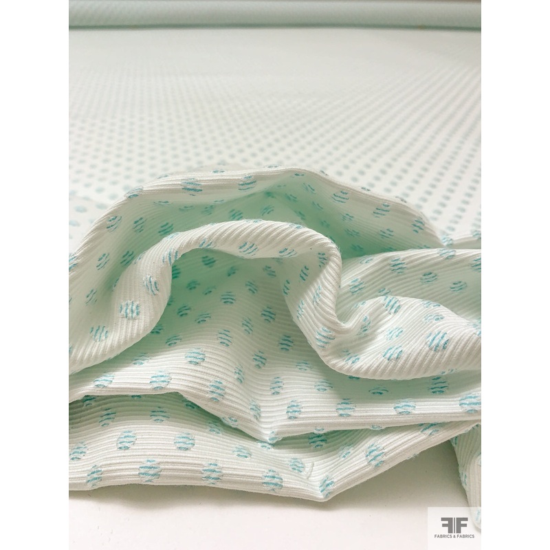 Made in Switzerland Small Textured Circles Brocade – Aqua Blue / White Fabric by the Yard