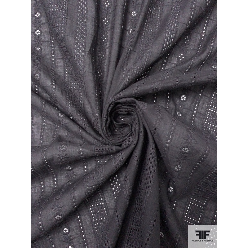 Multi-Pattern Striped Embroidered Eyelet Cotton Voile – Soft Black Fabric by the Yard