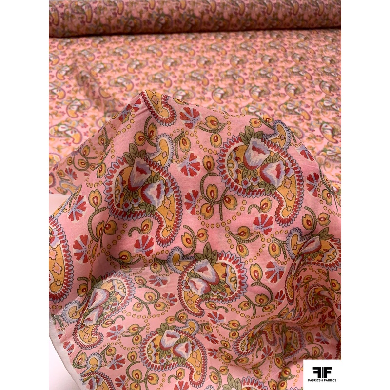 Playful Paisley Printed Silk-Cotton Voile – Flamingo Pink / Marigold / Green / Sky Blue Fabric by the Yard