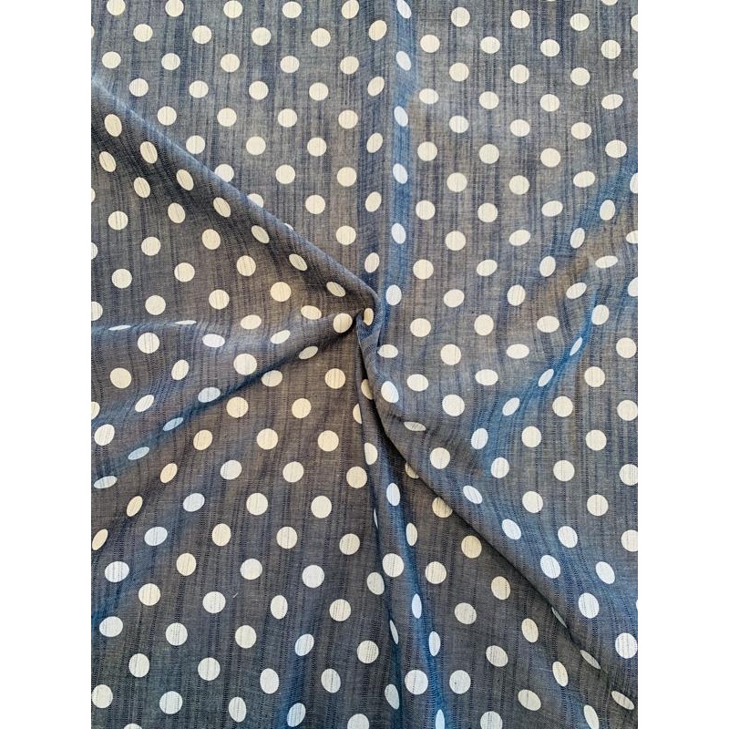 Polka Dot Printed Cotton Chambray – Denim Blue / White Fabric by the Yard