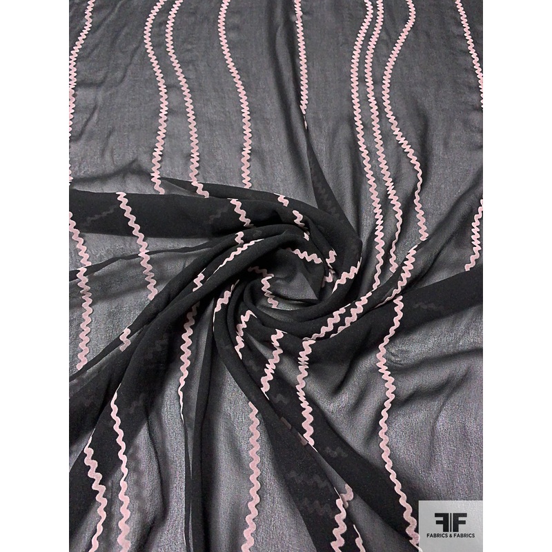Wavy Lines Flocked Silk Chiffon – Black / Thistle Fabric by the Yard