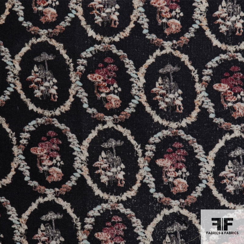 Abstract Floral Wool Printed – Charcoal/Multicolor Fabric by the Yard