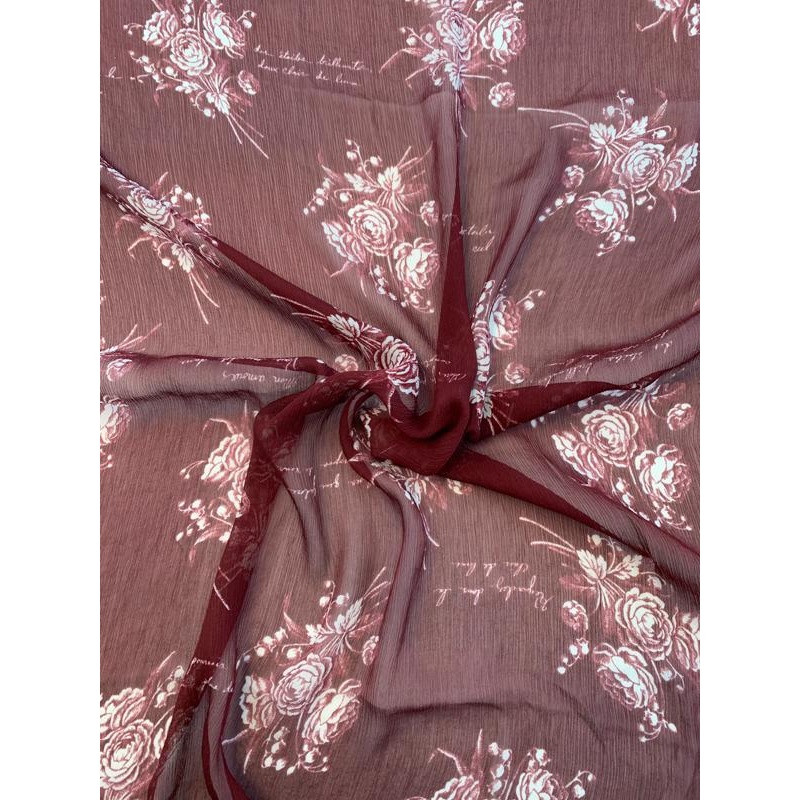 Floral Bouquets and Love Notes in French Printed Crinkled Silk Chiffon – Maroon / Off-White Fabric by the Yard