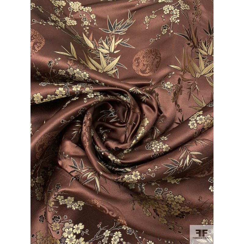 Floral Chinese Brocade – Brown / Light Gold / Black Fabric by the Yard