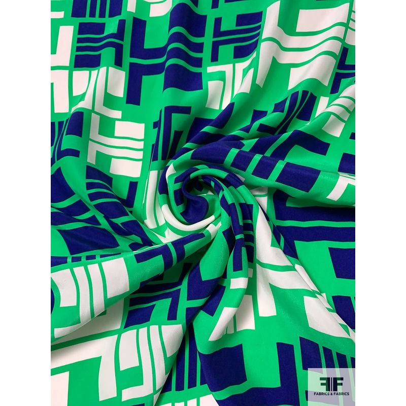 Geometric Matte-Side Printed Silk Charmeuse – Green / Royal Blue / Off-White Fabric by the Yard