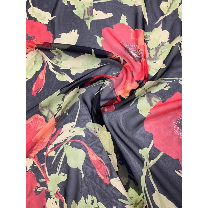 Large Floral Printed Silk Chiffon – Red / Green / Black Fabric by the Yard