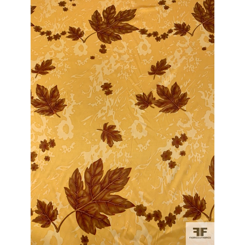 Leaf Printed Silk Charmeuse – Pale Marigold / Brown Fabric by the Yard