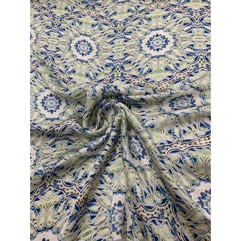 Mosaic Paisley Floral Printed Satin Silk Georgette  –  Blue / White / Green Fabric by the Yard