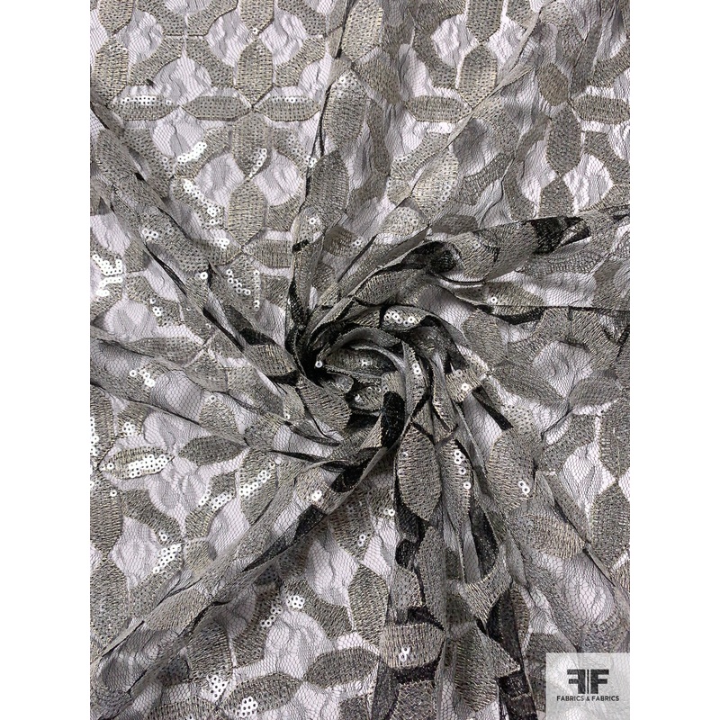 Novelty Tulle with Sequins in Star-Medallion Design – Grey / Black / Gold Fabric by the Yard