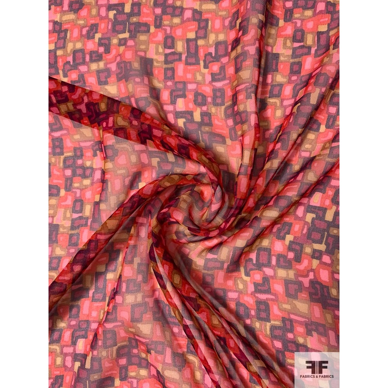 Shape Collage Printed Silk Chiffon – Purple / Magenta / Red / Pink / Tans Fabric by the Yard