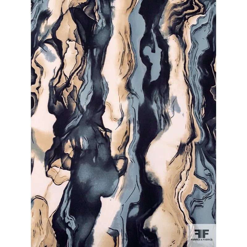 Abstract Wavy Inspired Printed Polyester Charmeuse – Dusty Seafoam / Navy / Tan / Ivory Fabric by the Yard
