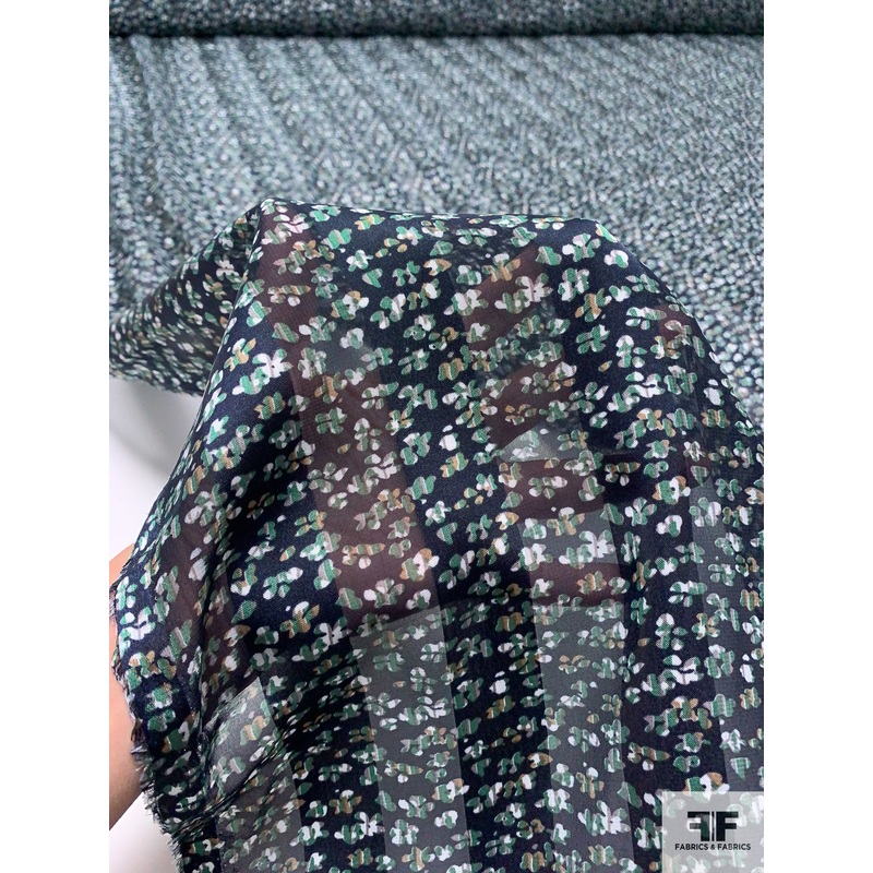 Ditsy Floral Printed Satin Striped Polyester Chiffon – Navy / Green / White / Khaki Fabric by the Yard
