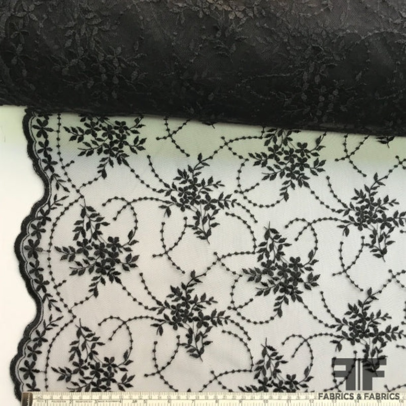 Embroidered Floral & Vine Netting – Black Fabric by the Yard