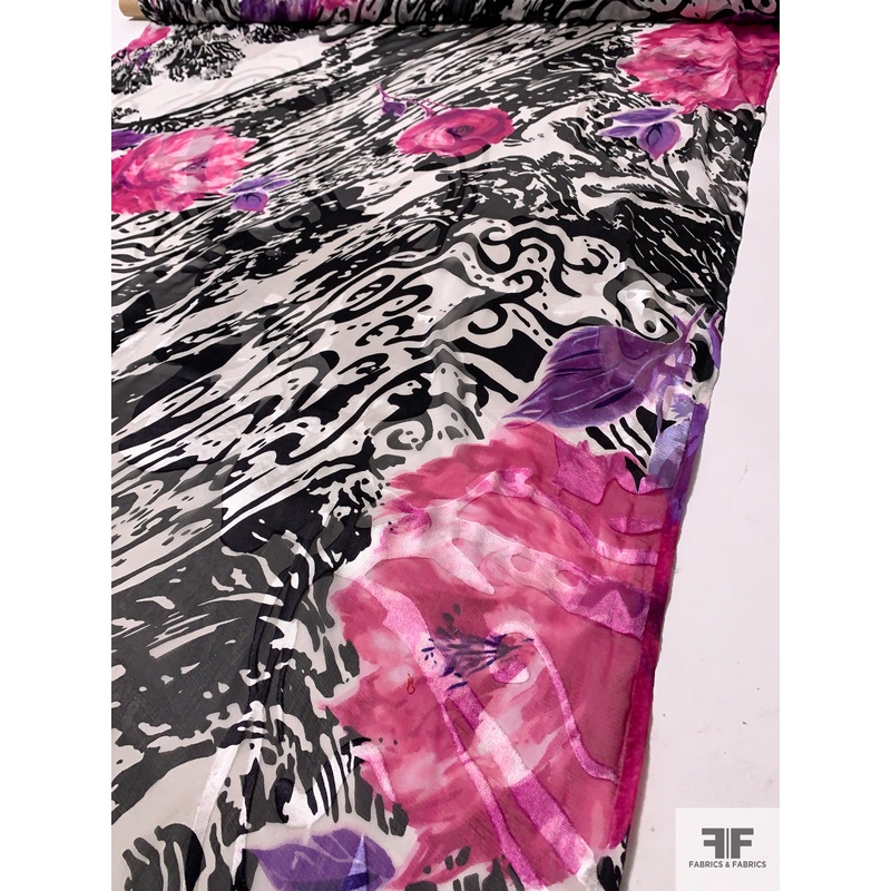 Exotic Watercolor Floral Printed Burnout Silk Chiffon – Berry Pink / Purple / Black / Off-White Fabric by the Yard