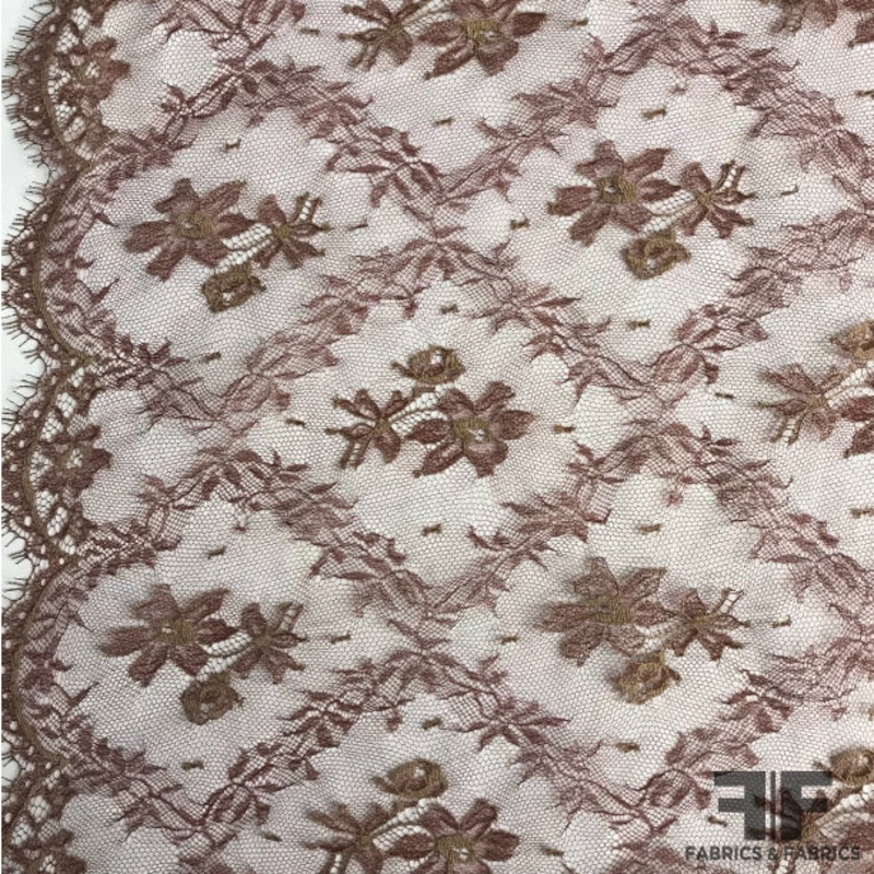 French Chantilly Lace Diamond Pattern – Maroon/Nude Fabric by the Yard