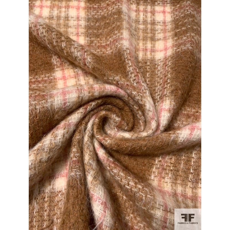 Italian Plaid Mohair Jacket Weight – Saddle Brown / Ivory / Pink Fabric by the Yard