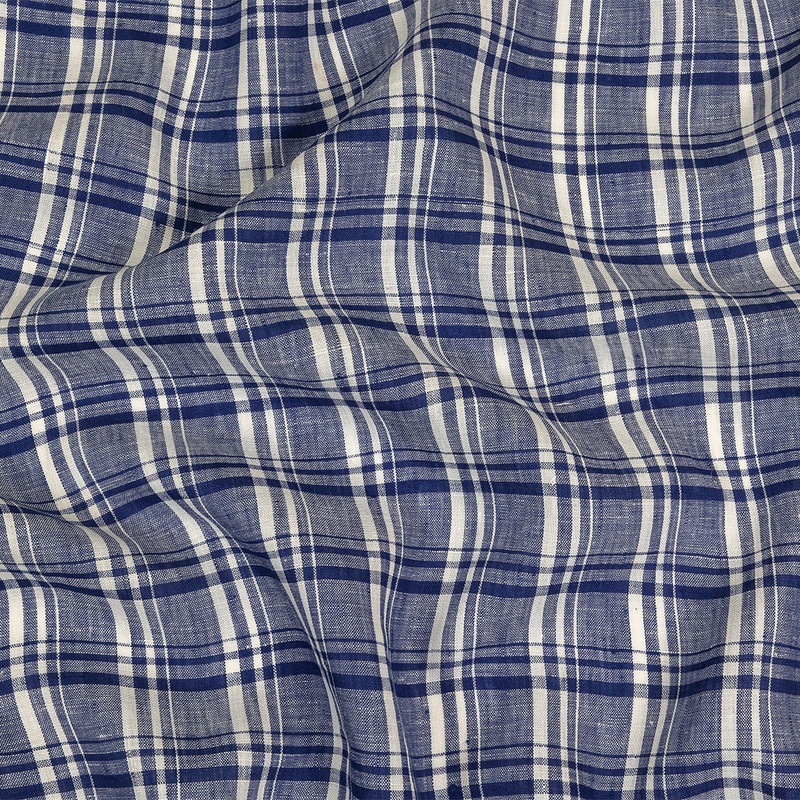 Navy Peony and White Plaid Medium Weight Linen Woven