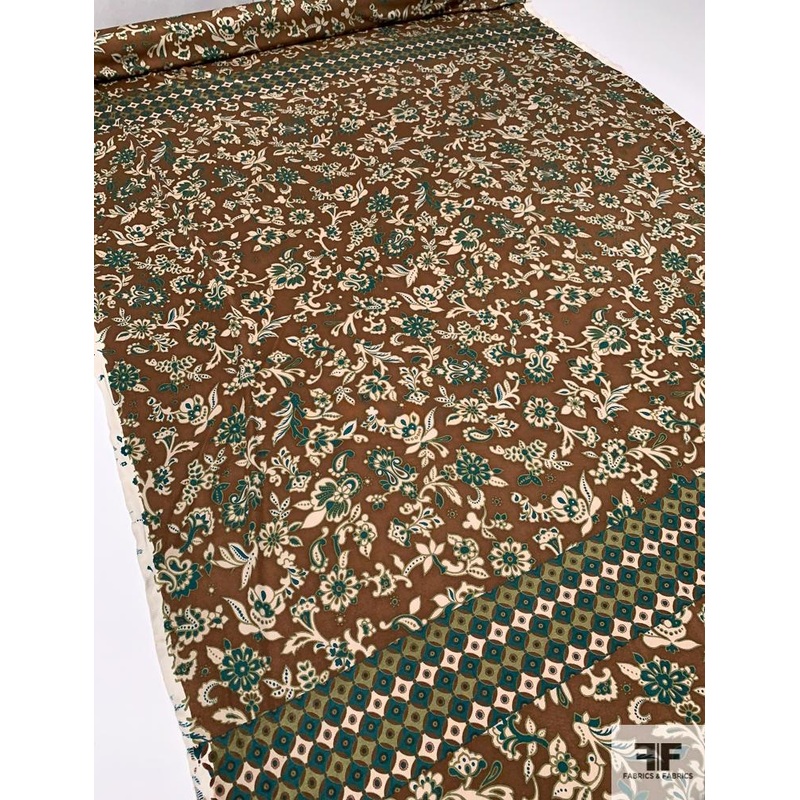 Renaissance Floral Printed Silk Jersey Knit Panel – Brown / Evergreen / Tan Fabric by the Panel