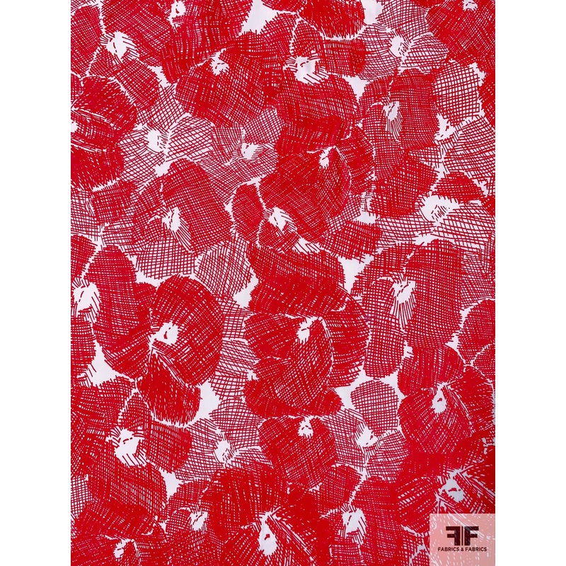 Sketch Floral Printed Stretch Cotton Twill – Strawberry Red / White Fabric by the Yard