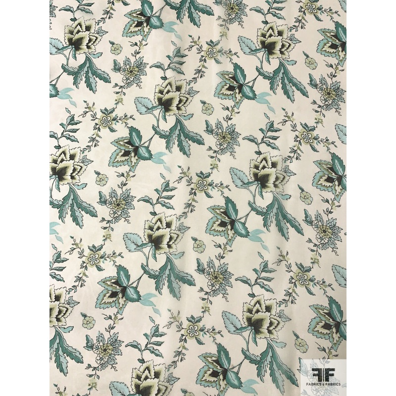 Antique Floral Printed Silk Chiffon – Teal / Celeste / Lime / Off-White Fabric by the Yard