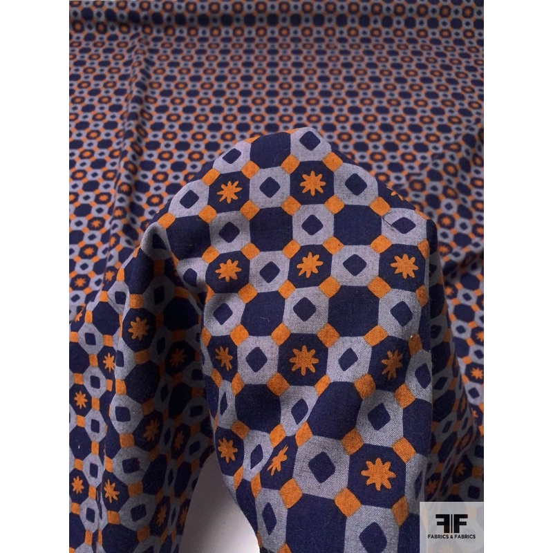 Art Deco Checkerboard Printed Wool Challis – Navy / Powder Blue / Ginger Orange Fabric by the Yard