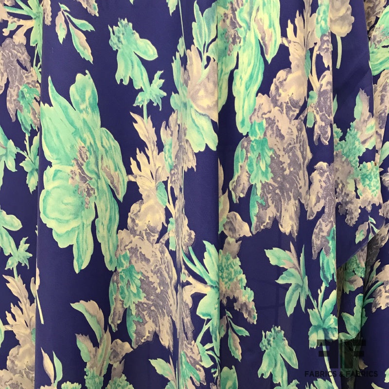 Blooming Florals Silk Printed Georgette – Blue/White Fabric by the Yard