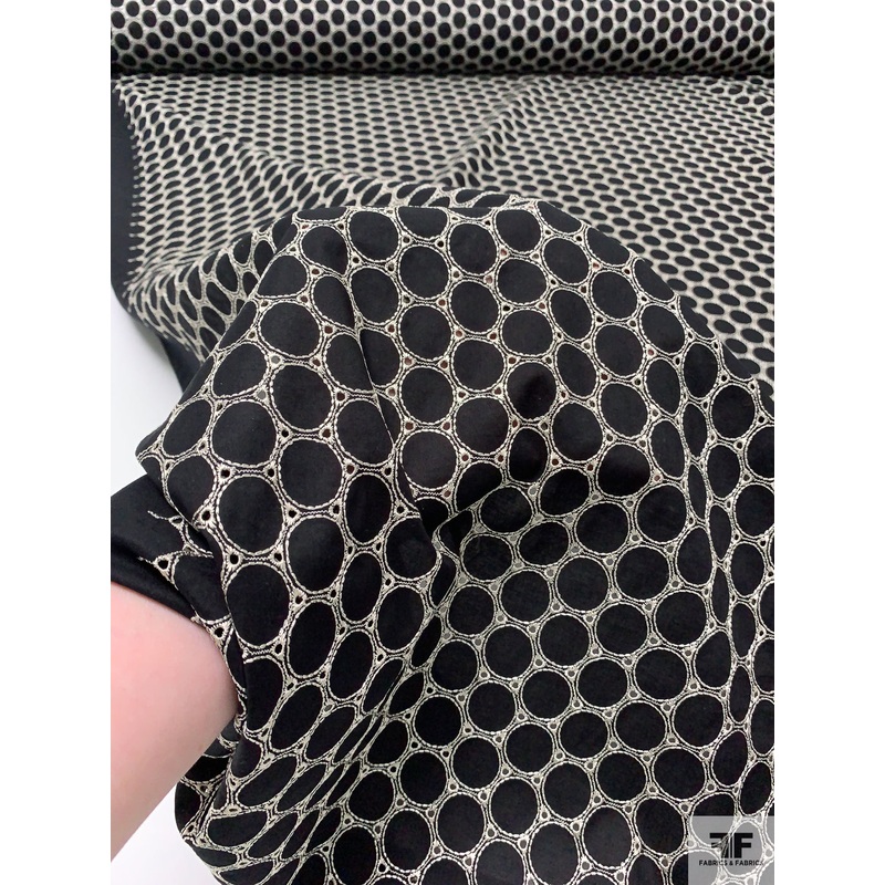 Circles Design Embroidered Eyelet Cotton Voile – Black / Oyster White Fabric by the Yard