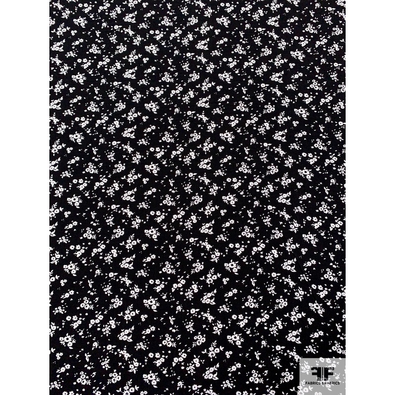 Ditsy Floral Clusters Printed Polyester Crepe de Chine – Black / Off-White Fabric by the Yard