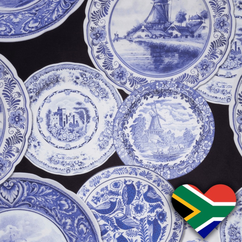 Eco Fabric Blue Plates on Black #2090 Per Meter