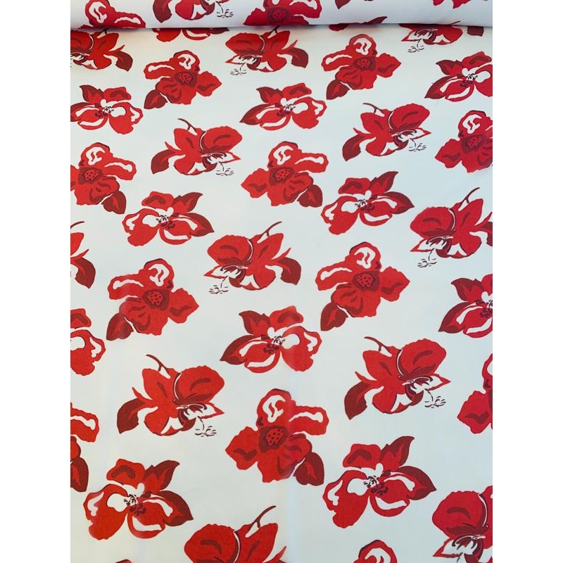 Floral Poppy Printed Silk Chiffon – Red / White Fabric by the Yard