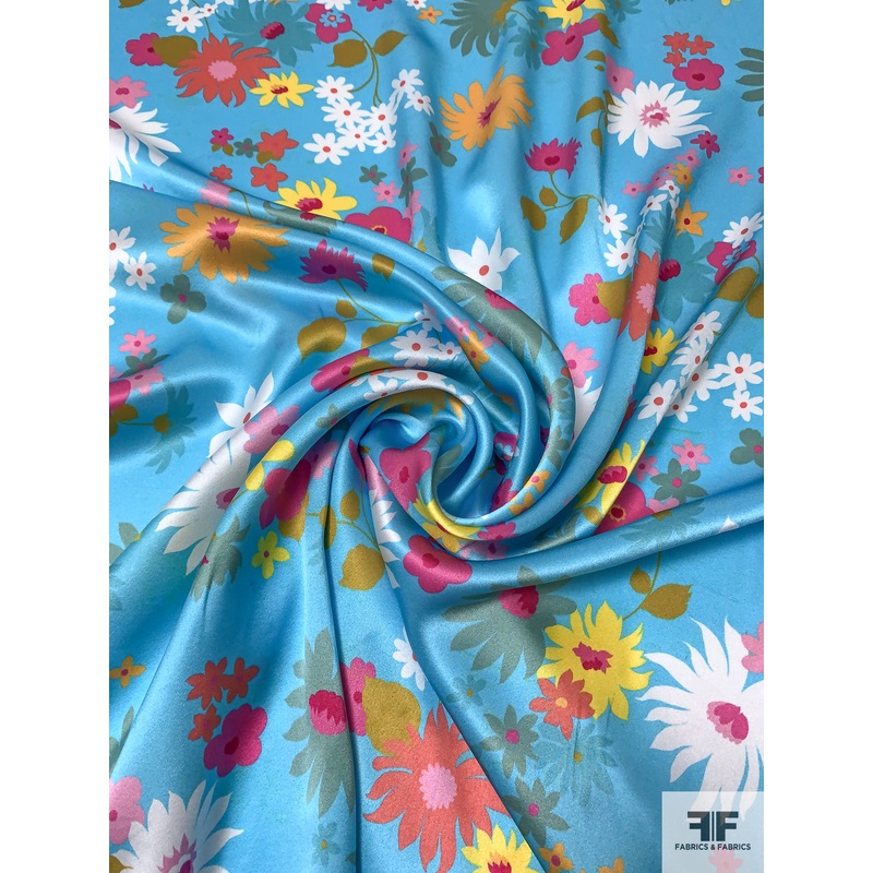 Floral Printed Silk Charmeuse – Clearwater Blue / Pinks / Orange / Yellow / White Fabric by the Yard