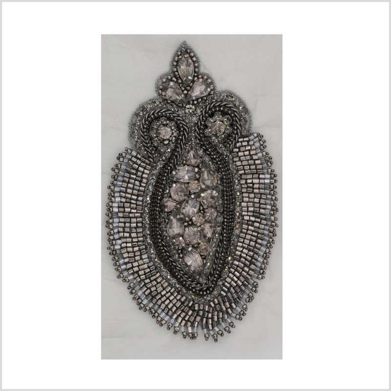 Gunmetal Beaded Rhinestone Applique on Gray Organza