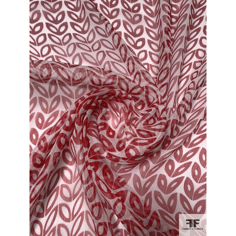 Leaf Petals Graphic Printed Crinkled Silk Chiffon – Deep Red / Ivory Fabric by the Yard