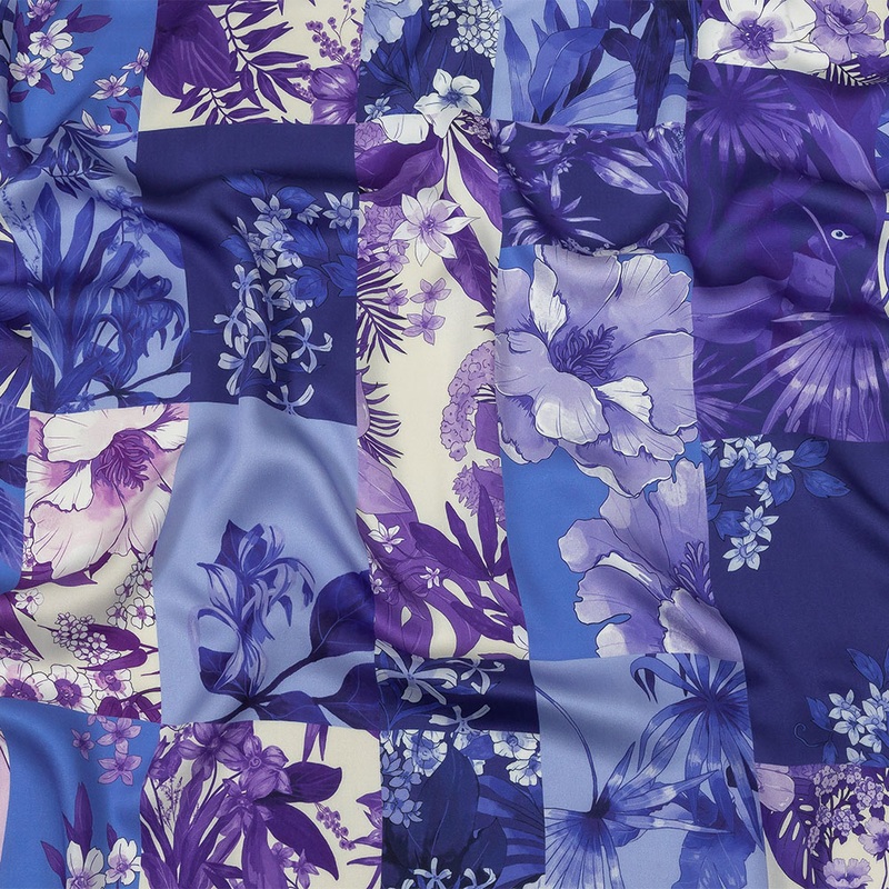 Rayon Challis – Purple Floral Patchwork – Periwinkle Patch Print – Mood Exclusive Indigo Collection