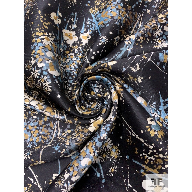Splattered Floral Printed Silk-Cotton Mikado – Black / Mustard / Dusty Blue Fabric by the Yard