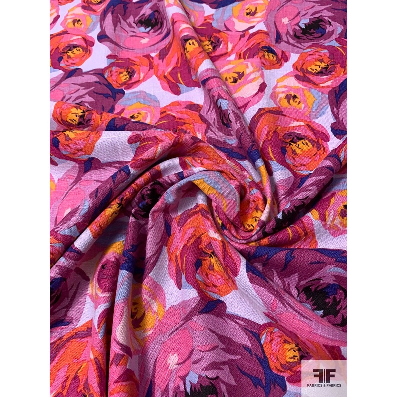 Art Collector Floral Printed Linen-Weave Cotton with Mechanical Stretch – Magenta / Pink / Coral / Lavender / Orange Fabric by the Yard