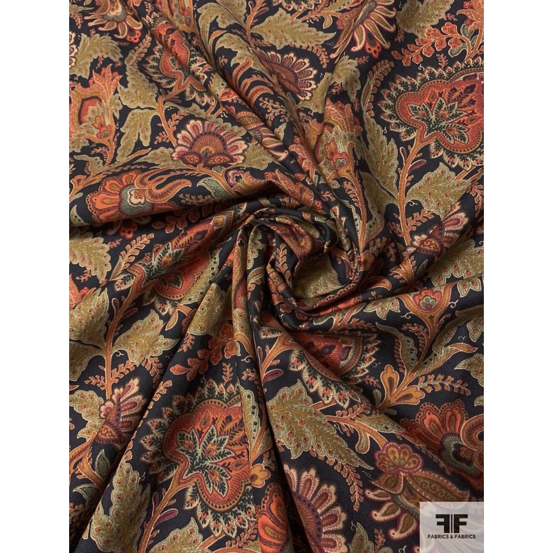 Autumn Paisley Leaf Printed Cotton Lawn – Shades of Orange / Darkest Brown / Sage Fabric by the Yard