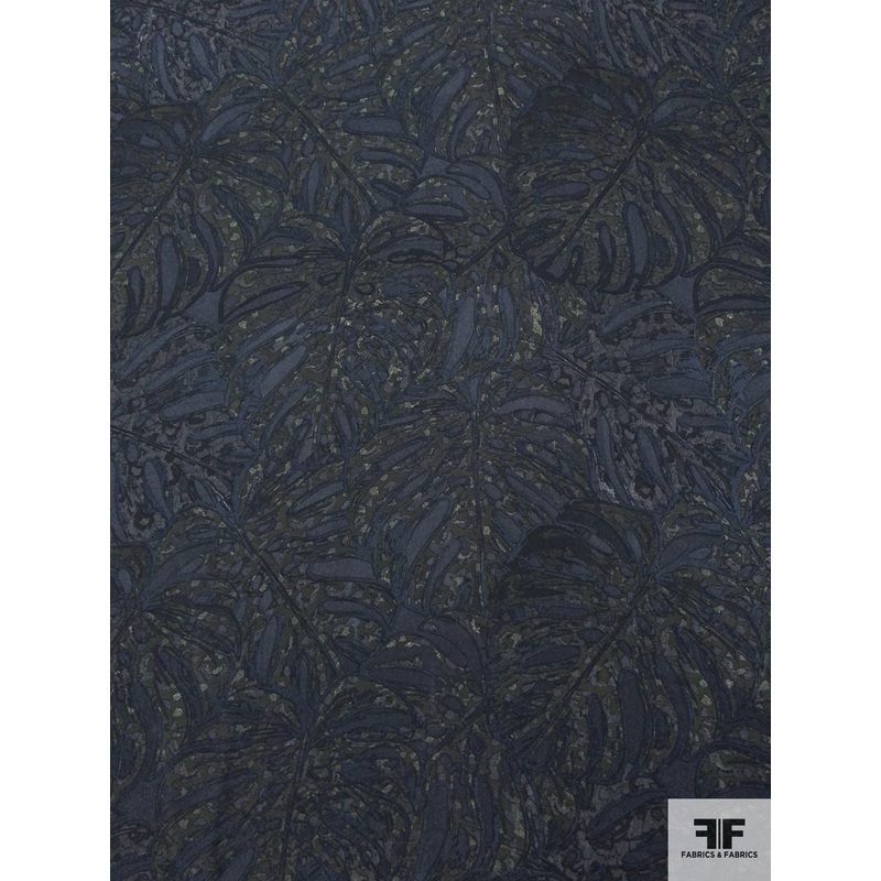 Dark Tropical Leaf Printed Polyester Georgette – Washed Navy / Olive Green Fabric by the Yard