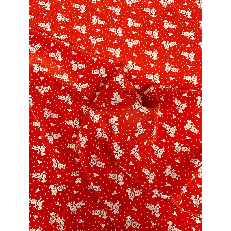 Ditsy Floral and Dotted Printed Silk Crepe de Chine – Red / Cream Fabric by the Yard