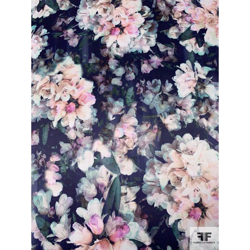 Floral Lovers Dream Printed Polyester Satin – Shades of Pink / Navy / Light Teal Fabric by the Yard