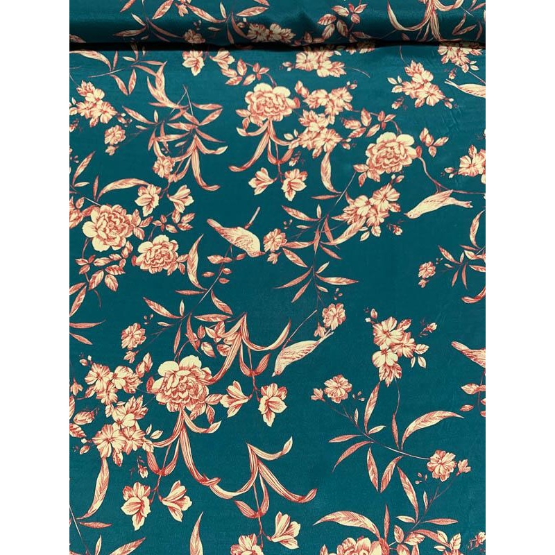 Flowers and Birds Printed Silk Crepe de Chine – Teal / Red / Cream Fabric by the Yard
