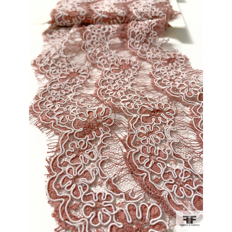 French Triple-Scalloped Floral Alencon Lace Trim – Dusty Mauve / Light Pink Fabric by the Yard