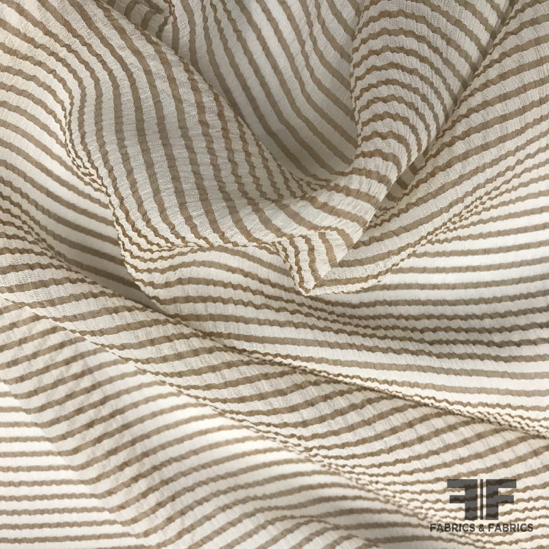 Italian Striped Crinkled Silk Chiffon – Brown / Ivory Fabric by the Yard