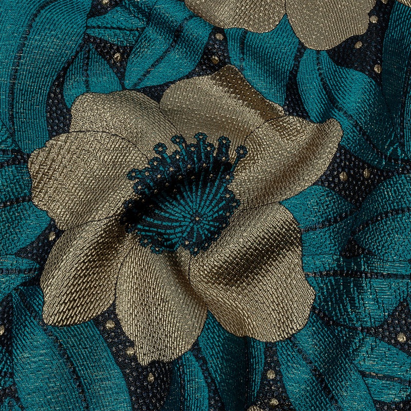 Metallic Gold, Teal and Navy Tropical Flowers Luxury Brocade