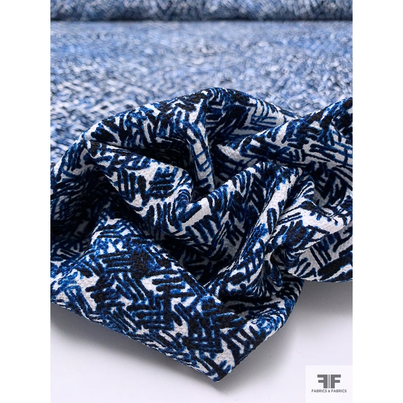 Sketch Graphic Printed Stretch Cotton Pique – Blue / Black / White Fabric by the Yard