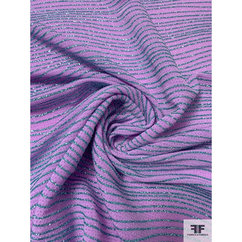 Slinky Knit with Cracked Ice Glitter in Wavy Striations – Lavender / Metallic Aquamarine Fabric by the Yard