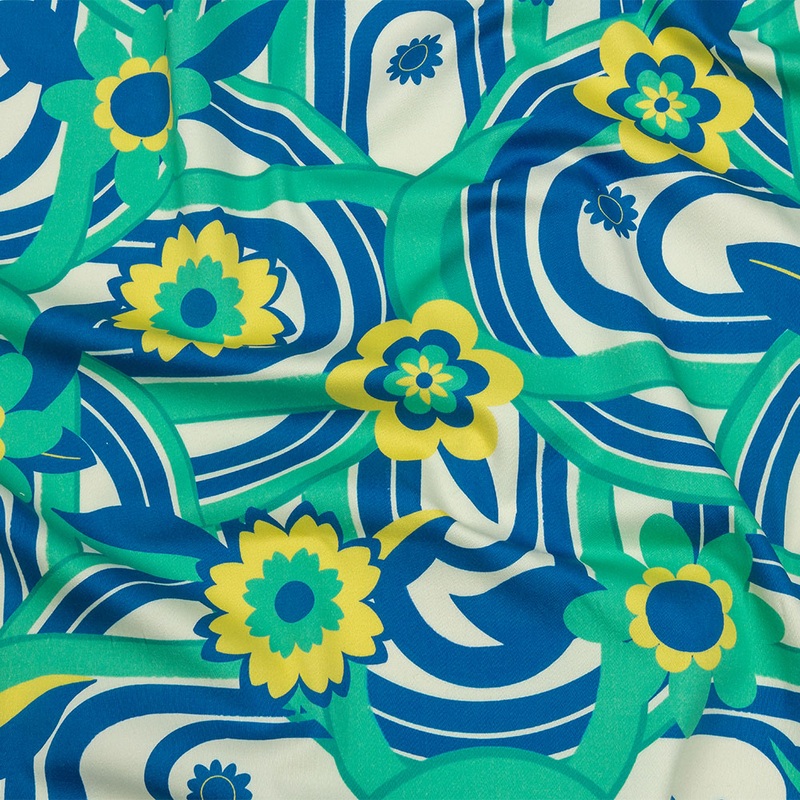 Stretch Cotton Sateen – Blue Winding Lines and Flowers – Bloom the Beat Print – Mood Exclusive Groove Collection