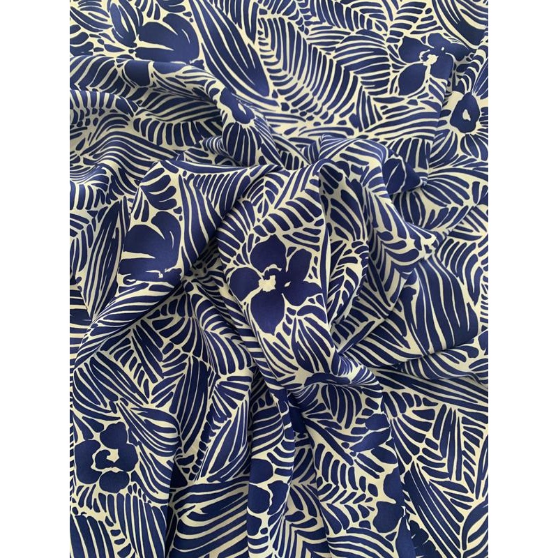 Tropical-Look Floral Leaf Printed Silk Charmeuse – Dark Royal Purple / White Fabric by the Yard