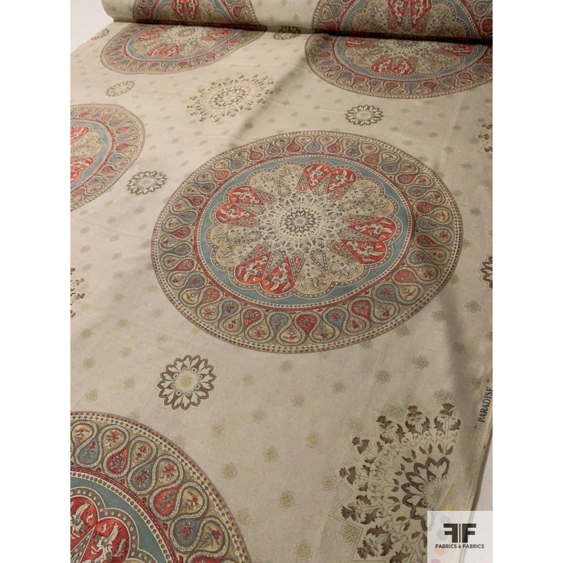Vintage Large Ornate Circle Medallion Printed Silk Shantung – Antique Earth Tones / Washed Red Fabric by the Yard